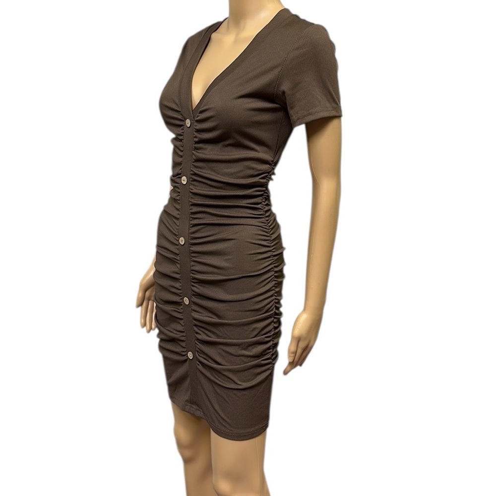 Beyove Ruched Brown Bodycon Ribbed V Neck Button Front Short Sleeve Mini Dress S - Picture 4 of 9